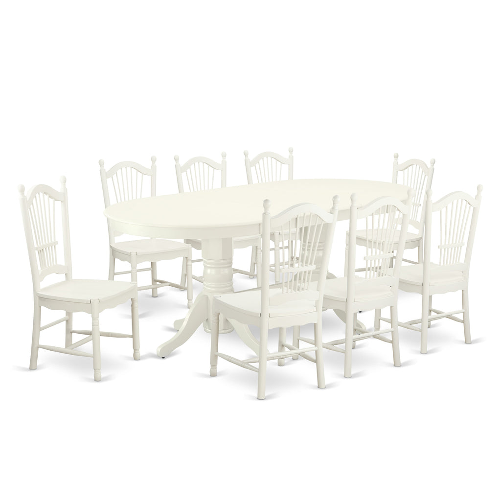 VADO9-X2R-Y Premium 9-Piece Oval Dining Set with Butterfly Leaf & 8 Elegant Chairs, 40x76 Inch in Linen White
