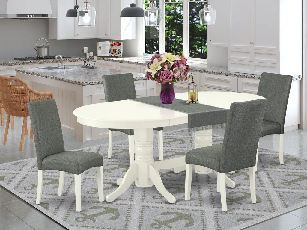 VADR5-VHY-8P 5-Piece Dining Set with Expandable Oval Table and Four Upholstered Chairs, Soft Gray, Linen White Finish