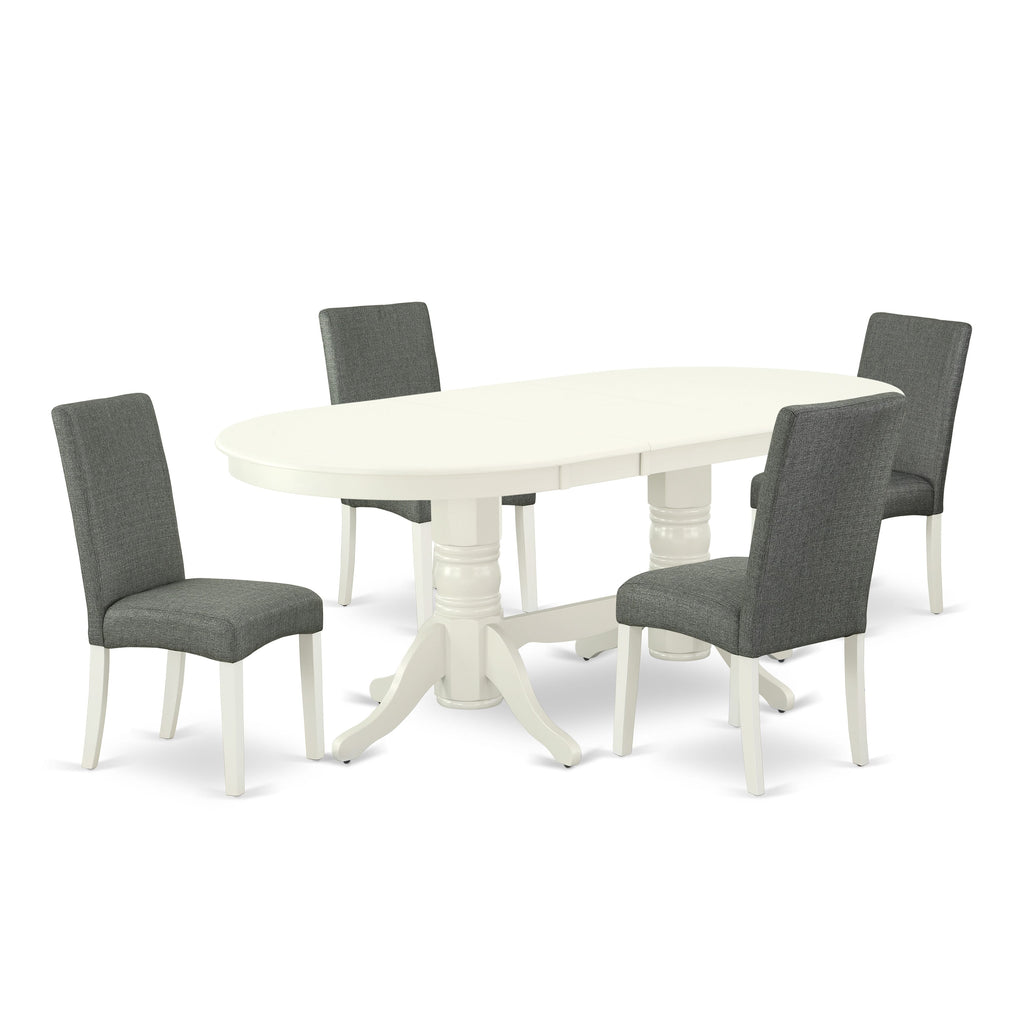 VADR5-VHY-8P 5-Piece Dining Set with Expandable Oval Table and Four Upholstered Chairs, Soft Gray, Linen White Finish