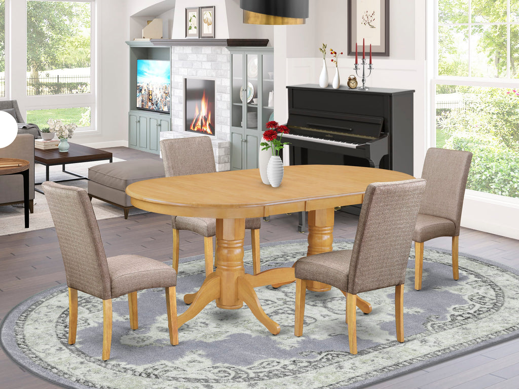 VADR5-TZF-2R 5-Piece Dining Set with Expandable Oval Table & Upholstered Khaki Chairs, 40x76 Oak