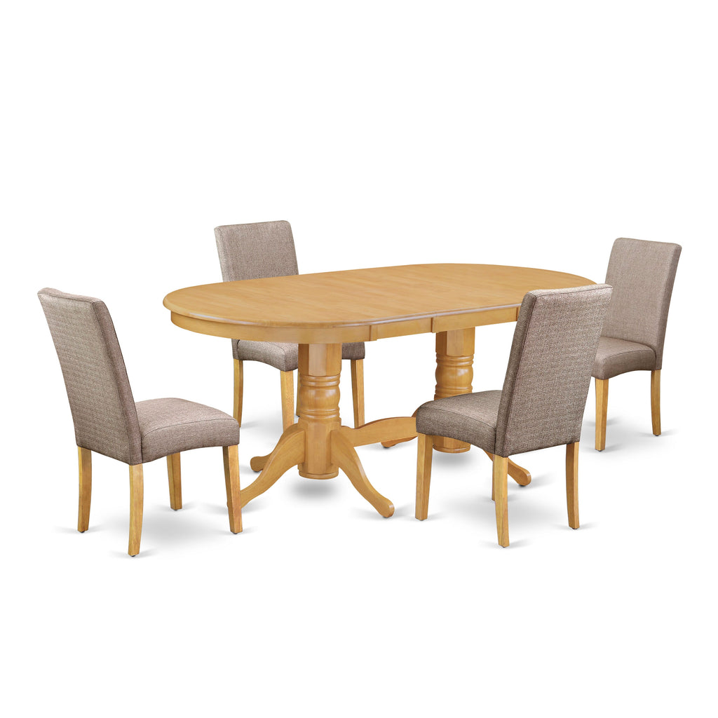 VADR5-TZF-2R 5-Piece Dining Set with Expandable Oval Table & Upholstered Khaki Chairs, 40x76 Oak