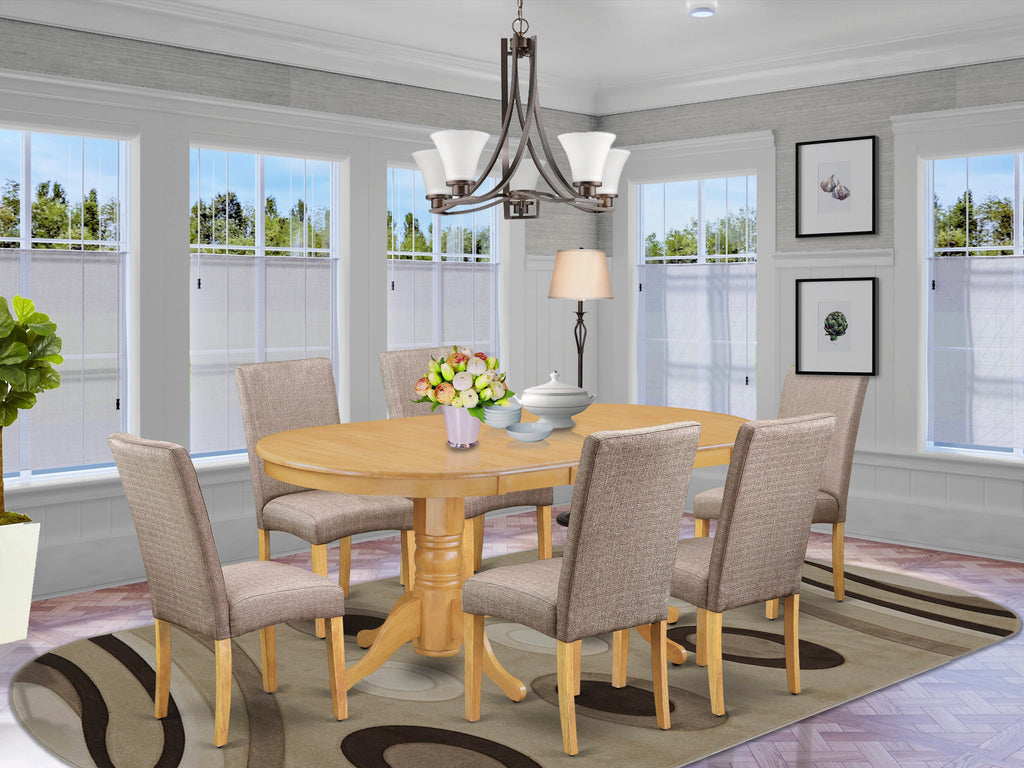 VADR7-YWA-GF Elegant 7 Piece Dining Set with Oval Table & Butterfly Leaf in Oak Finish and 6 Khaki Upholstered Chairs
