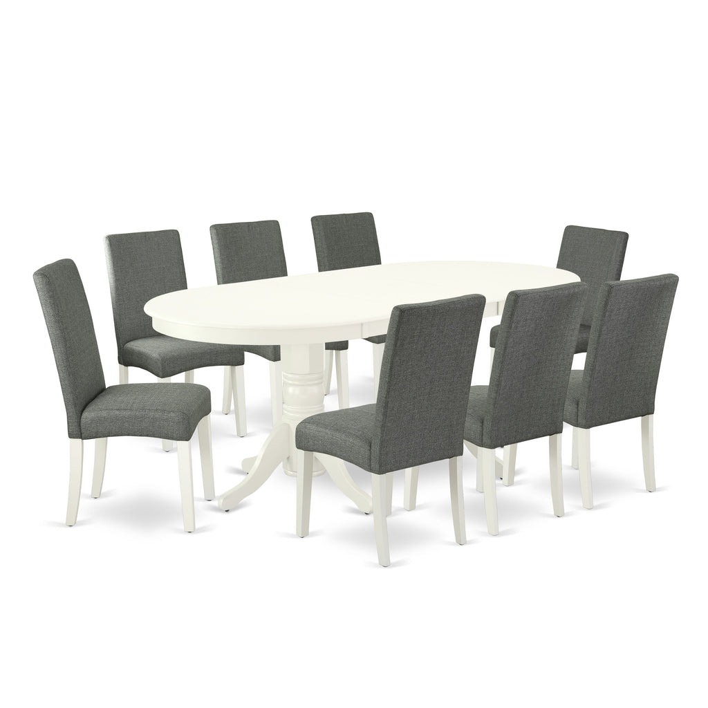 VADR9-ESP-DZ 9-Piece Dining Ensemble Oval Table w/ Butterfly Leaf & 8 Gray Linen Parsons Chairs, 40x76 Espresso Finish