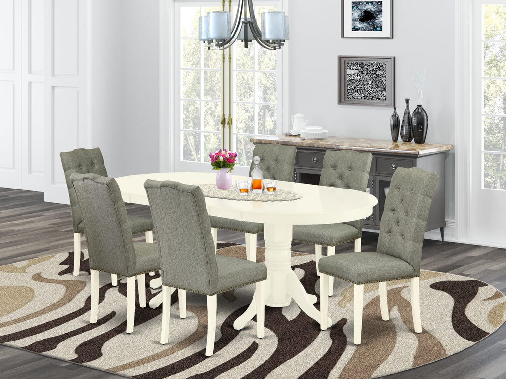 VAEL7-2NW-ZJ 7-Piece Dining Collection with Expandable Oval Table and 6 Upholstered Chairs, 40x76, Linen White and Gray