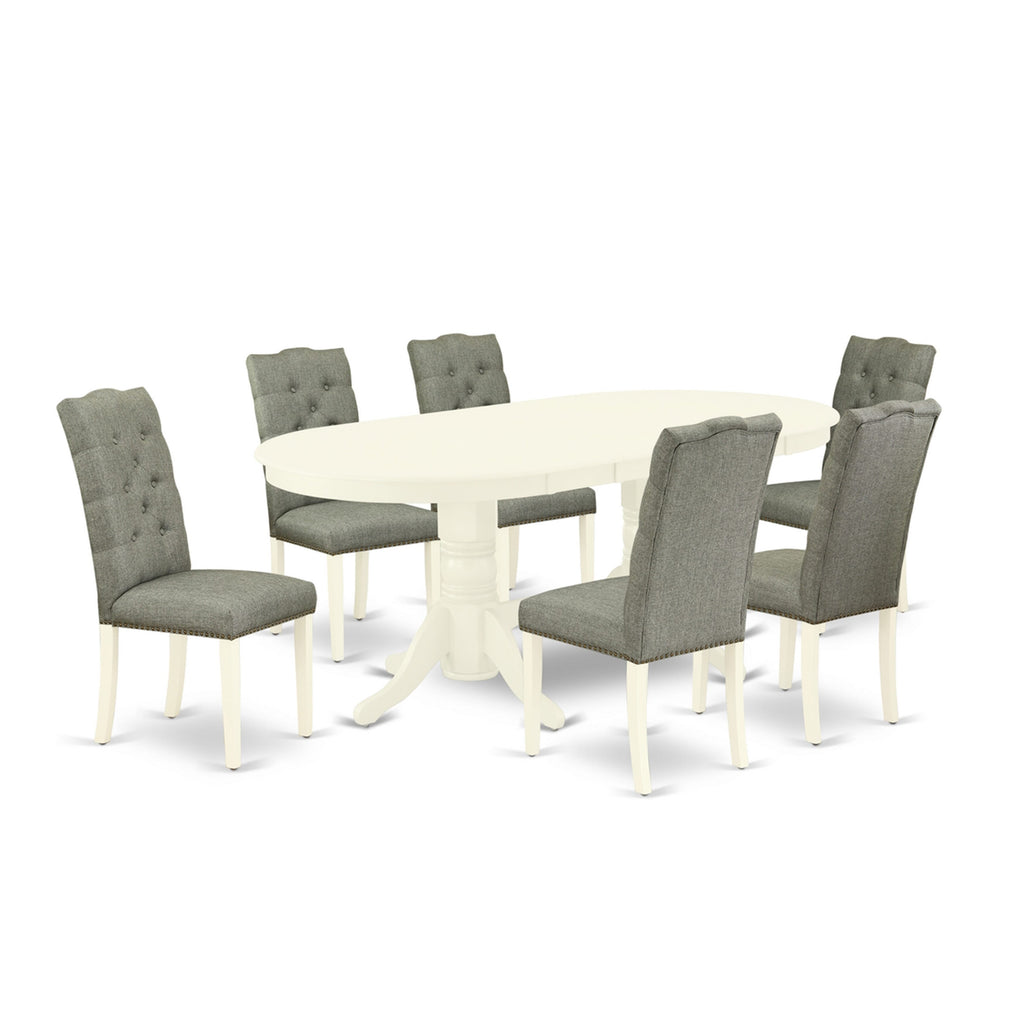 VAEL7-2NW-ZJ 7-Piece Dining Collection with Expandable Oval Table and 6 Upholstered Chairs, 40x76, Linen White and Gray