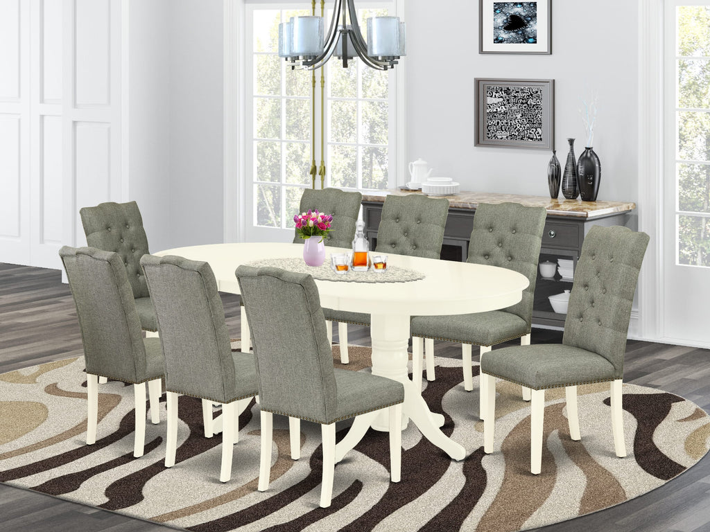 VAEL9-XT2-TE 9-Piece Dining Set with Oval Table, Butterfly Leaf & Upholstered Gray Seats, Linen White