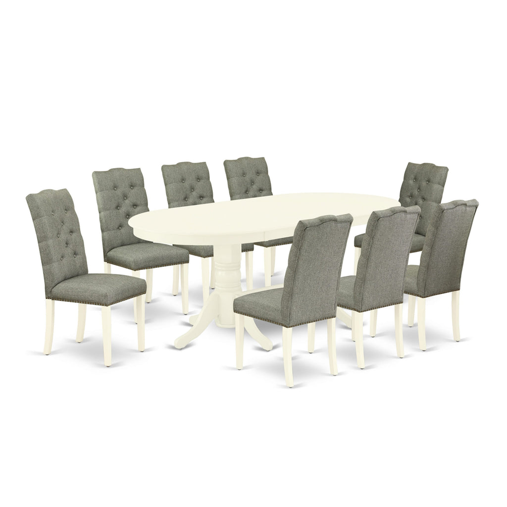 VAEL9-XT2-TE 9-Piece Dining Set with Oval Table, Butterfly Leaf & Upholstered Gray Seats, Linen White