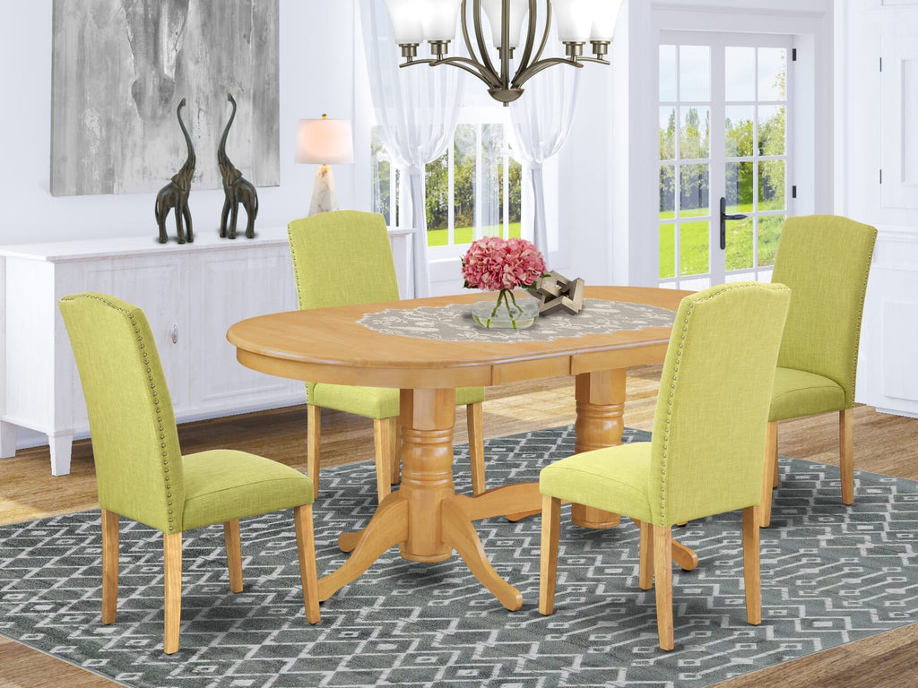 VAEN5-6NC-6E Luxurious 5-Piece Set with Convertible Oval Table and Elegant Parsons Chairs, Oak Finish