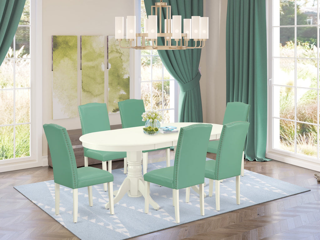 VAEN7-1YR-VD 7-Piece Set with Oval Table, Butterfly Leaf & 6 Faux Leather Parson Chairs, Linen White