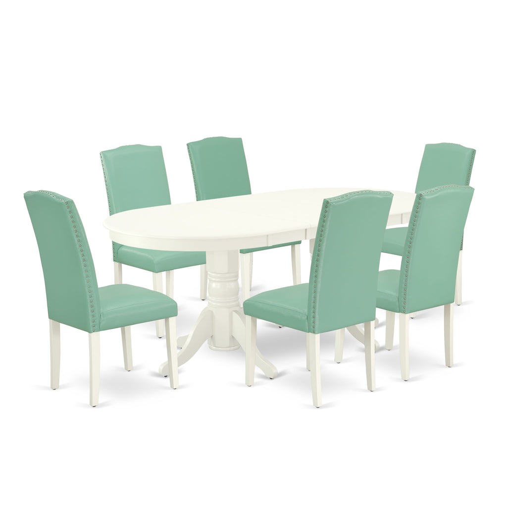 VAEN7-1YR-VD 7-Piece Set with Oval Table, Butterfly Leaf & 6 Faux Leather Parson Chairs, Linen White
