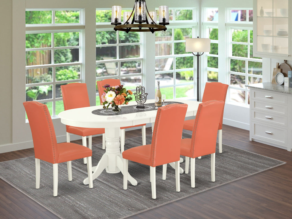 VAEN7-WZE-XF Dining Suite Oval Table with Butterfly Leaf & 6 Parson Chairs, Linen White and Flamingo Pink