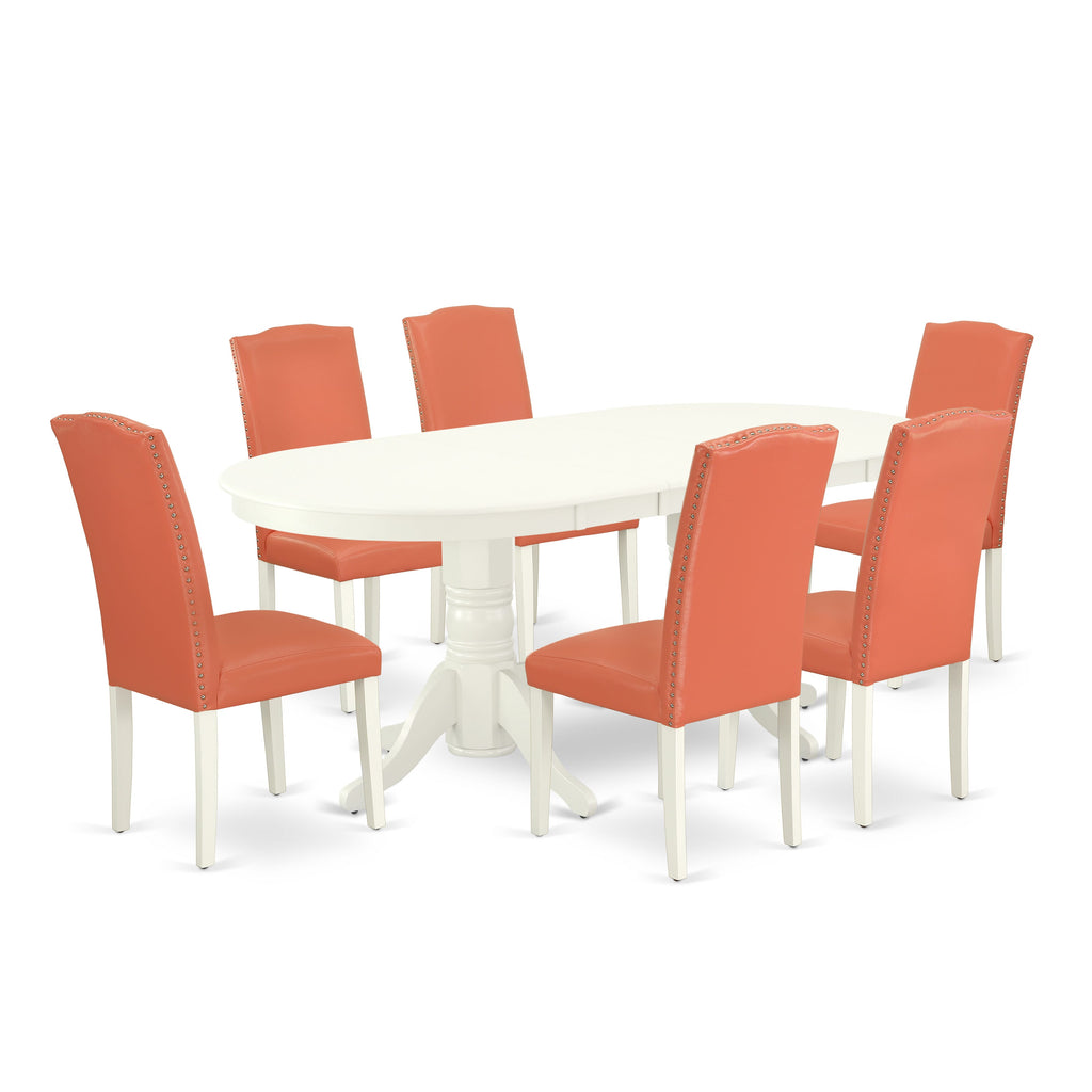 VAEN7-WZE-XF Dining Suite Oval Table with Butterfly Leaf & 6 Parson Chairs, Linen White and Flamingo Pink