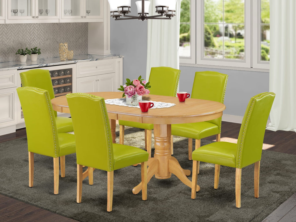 VAEN7-OHF-NJ Dining Ensemble with Wooden Oval Table & Six Elegant Parsons Chairs, 40x76, Oak Finish