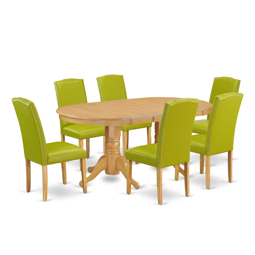 VAEN7-OHF-NJ Dining Ensemble with Wooden Oval Table & Six Elegant Parsons Chairs, 40x76, Oak Finish