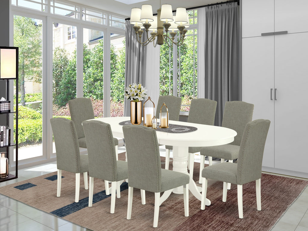 VAEN9-HD3-7Z 9-Piece Dining Ensemble with Oval Butterfly Leaf Table and 8 Linen Parson Chairs, 40 x 76, Luminous Linen White