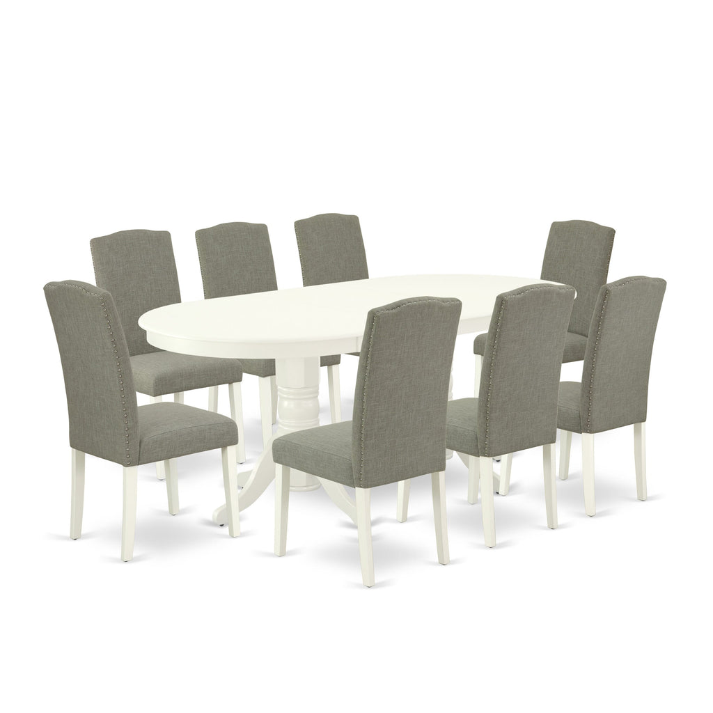 VAEN9-HD3-7Z 9-Piece Dining Ensemble with Oval Butterfly Leaf Table and 8 Linen Parson Chairs, 40 x 76, Luminous Linen White