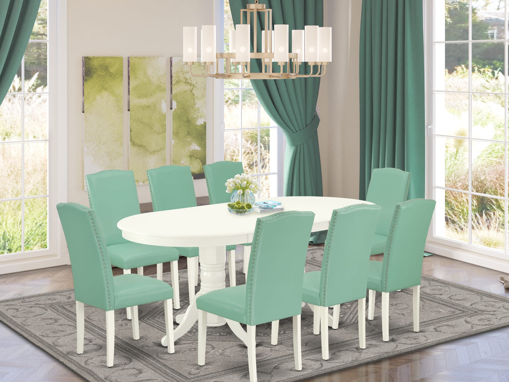 VAEN9-0BZ-M0 9-Piece Dining Ensemble Oval Table with Butterfly Extension & 8 Faux Leather Chairs, 40x76 Linen White Finish