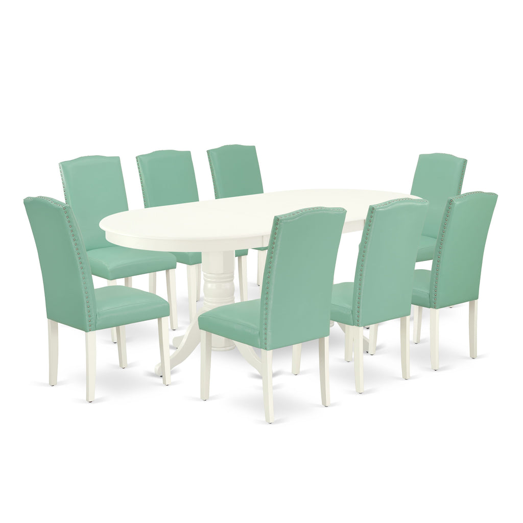 VAEN9-0BZ-M0 9-Piece Dining Ensemble Oval Table with Butterfly Extension & 8 Faux Leather Chairs, 40x76 Linen White Finish