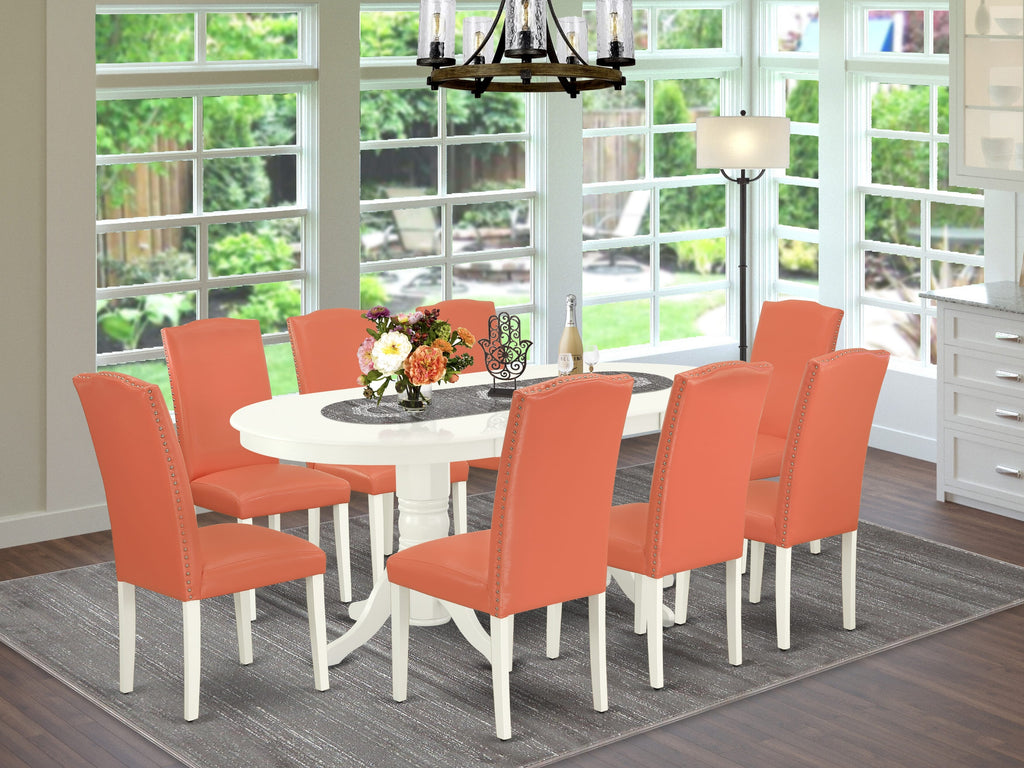 VAEN9-7LE-94 9-Piece Ensemble Oval Dining Table with Leaf and 8 Flamingo Upholstered Chairs, Linen White