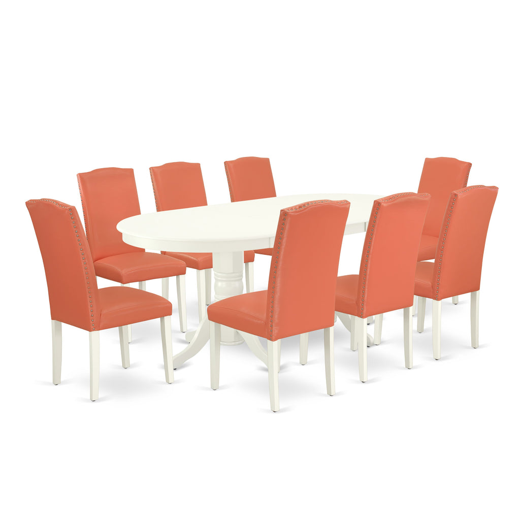 VAEN9-7LE-94 9-Piece Ensemble Oval Dining Table with Leaf and 8 Flamingo Upholstered Chairs, Linen White