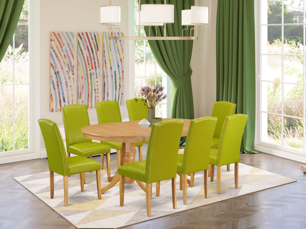 VAEN9-N4X-XH Exquisite 9-Piece Oak Dining Ensemble with Expanding Table & Green Upholstered Seats