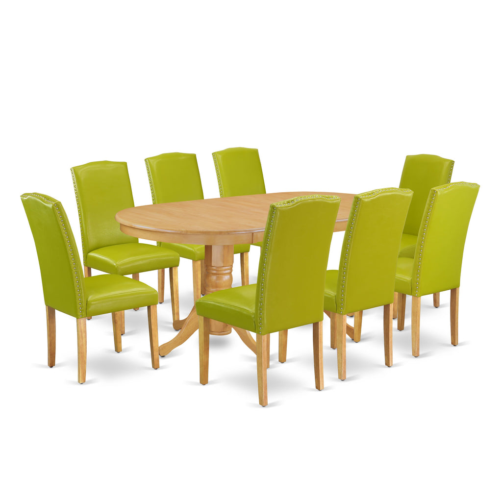 VAEN9-N4X-XH Exquisite 9-Piece Oak Dining Ensemble with Expanding Table & Green Upholstered Seats