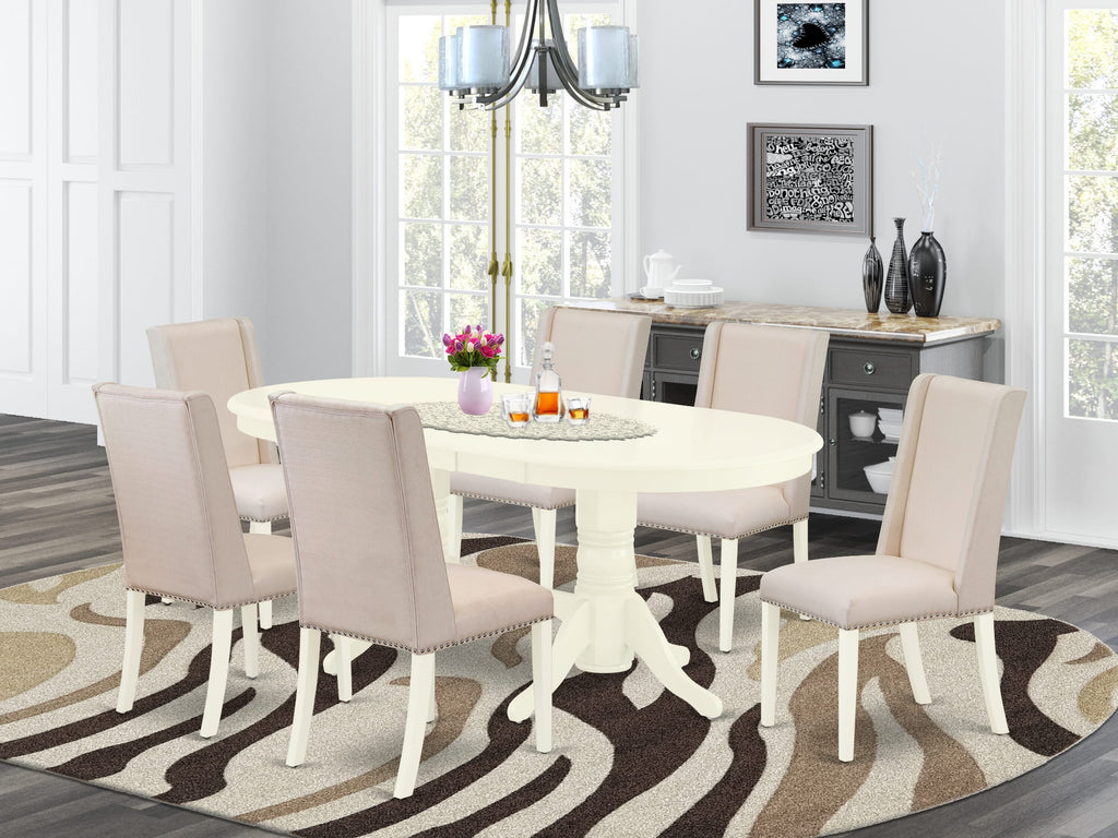 VAFL7-070-O9 7 Pc Oval Dining Set with Butterfly Led Table & 6 Cream Linen Parsons Chairs, Linen White
