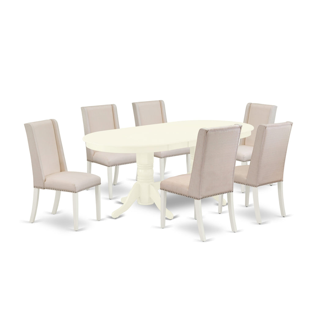 VAFL7-070-O9 7 Pc Oval Dining Set with Butterfly Led Table & 6 Cream Linen Parsons Chairs, Linen White