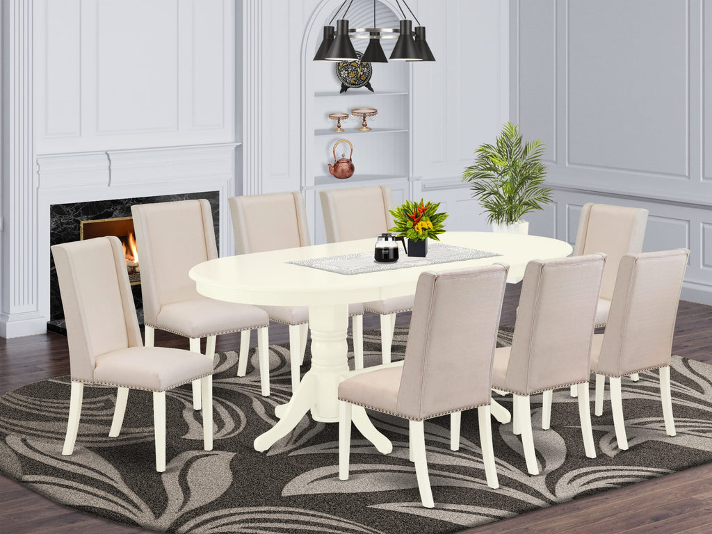 VAFL9-25U-BS Elegant 9-Piece Dining Collection with Oval Table, Butterfly Leaf Feature & Cream Parson Chairs