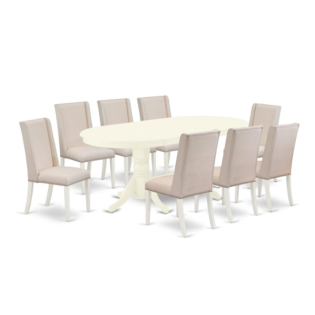 VAFL9-25U-BS Elegant 9-Piece Dining Collection with Oval Table, Butterfly Leaf Feature & Cream Parson Chairs