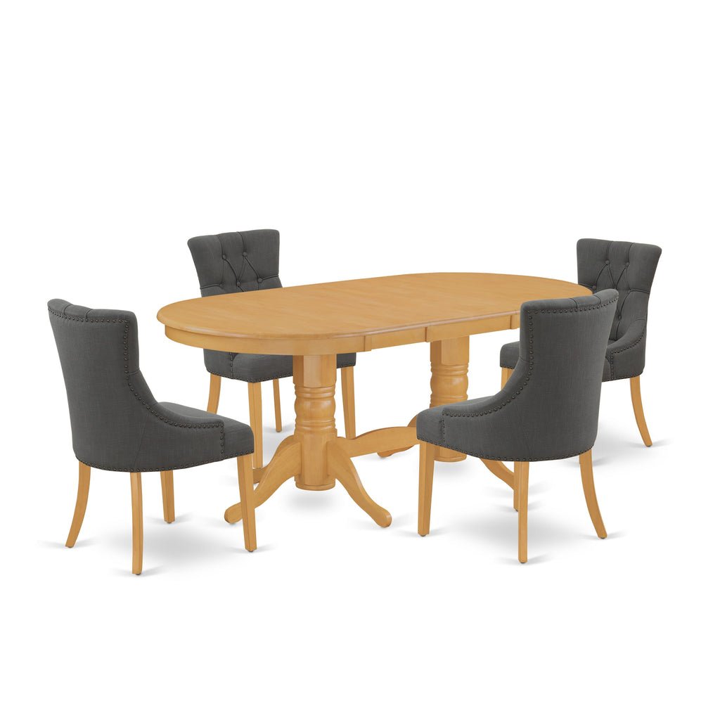 Dining Set for Four, Oval Table with Butterfly Leaf and Gotham Fabric Parson Chairs, 40x76 Inch, Oak  VAFR5-C64-WH