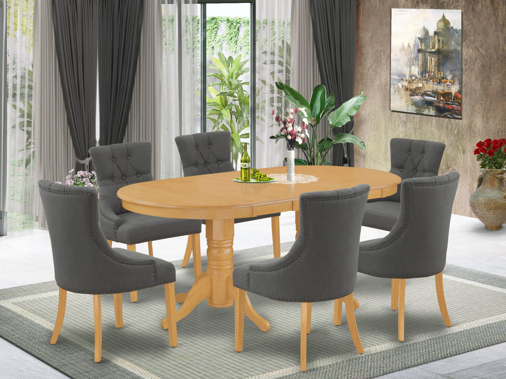 Discover VAFR7-HH6-1B Elegant 7 Piece Ensemble with Oval Dining Table & 6 Upholstered Chairs in Oak