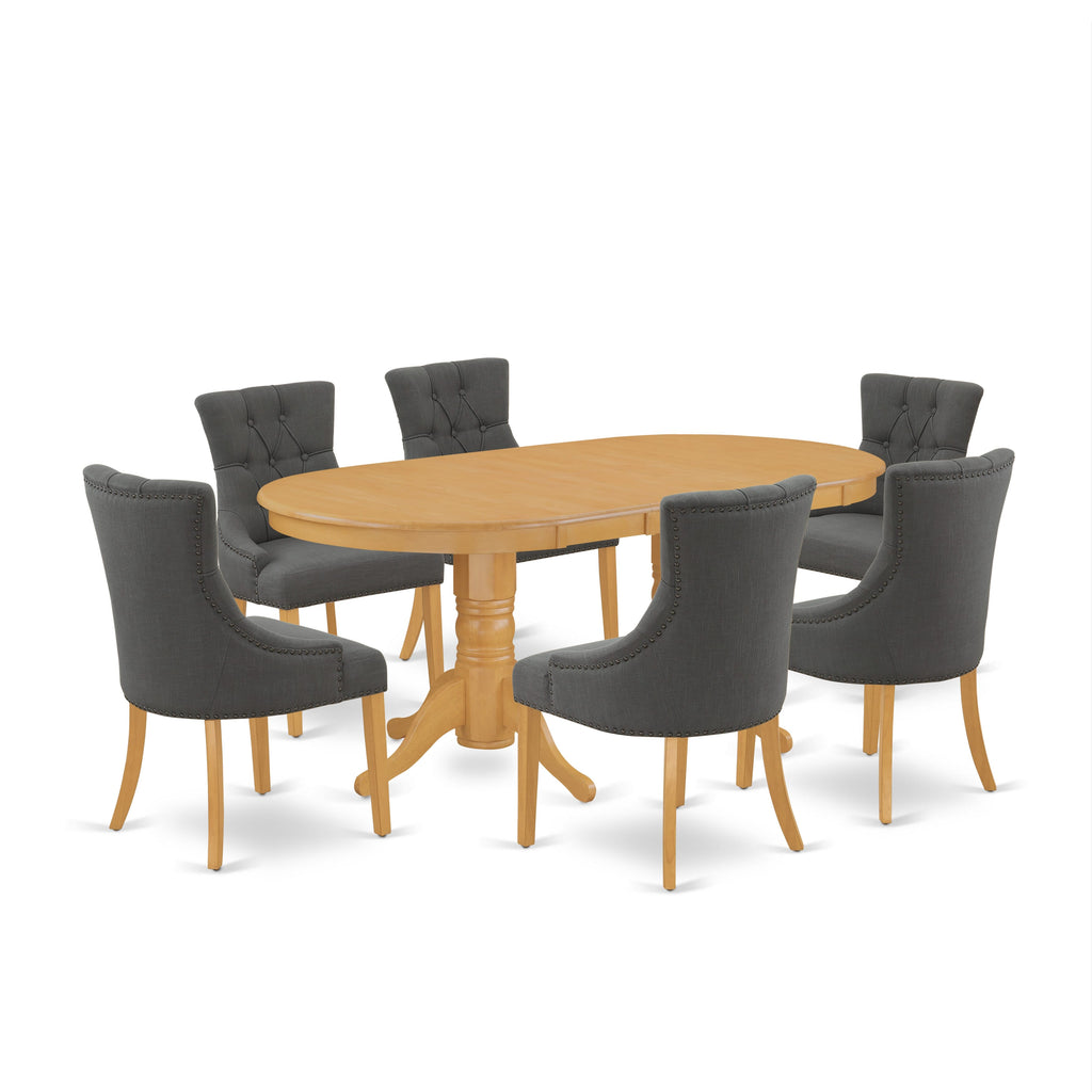 Discover VAFR7-HH6-1B Elegant 7 Piece Ensemble with Oval Dining Table & 6 Upholstered Chairs in Oak
