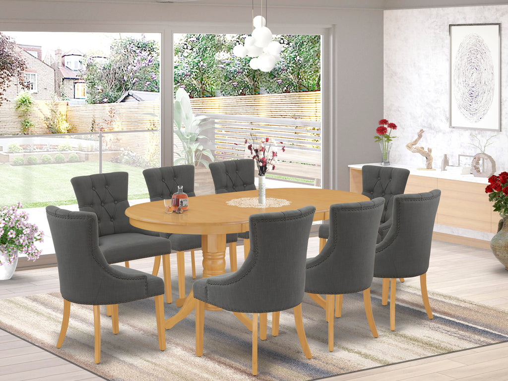 VAFR9-Q2W-IO 9-Piece Dining Set with Oval Table & 8 Gotham Linen Chairs, Oak Finish