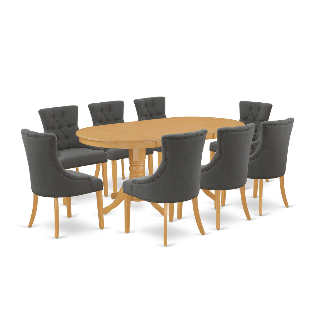 VAFR9-Q2W-IO 9-Piece Dining Set with Oval Table & 8 Gotham Linen Chairs, Oak Finish