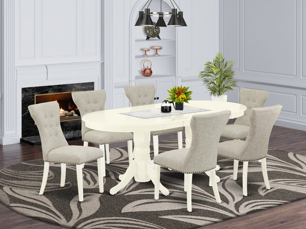 VAGA7-7EQ-G1 7-Piece Oval Dining Set with Butterfly Leaf & Doeskin Chairs, 40x76 Inch Wood Table