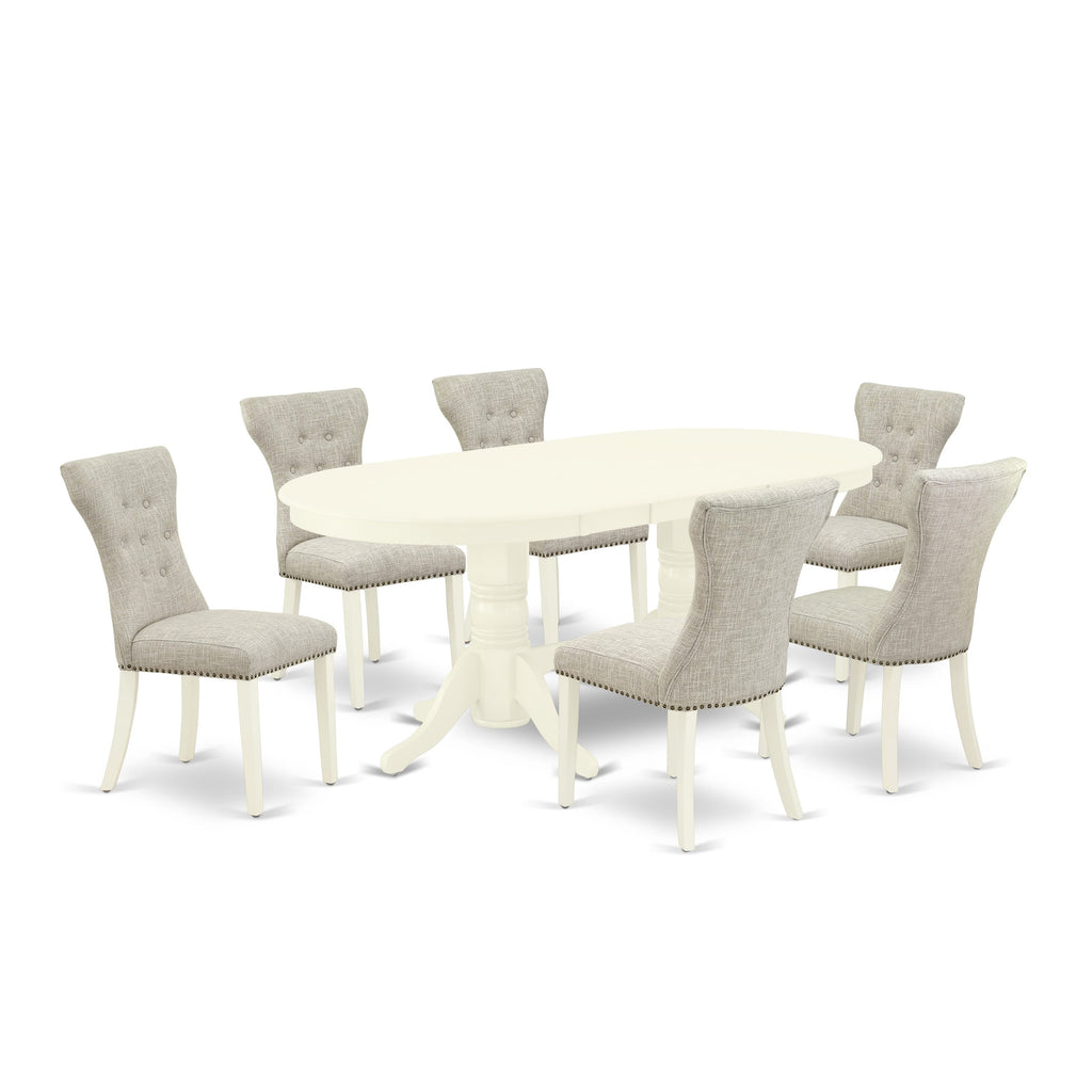 VAGA7-7EQ-G1 7-Piece Oval Dining Set with Butterfly Leaf & Doeskin Chairs, 40x76 Inch Wood Table