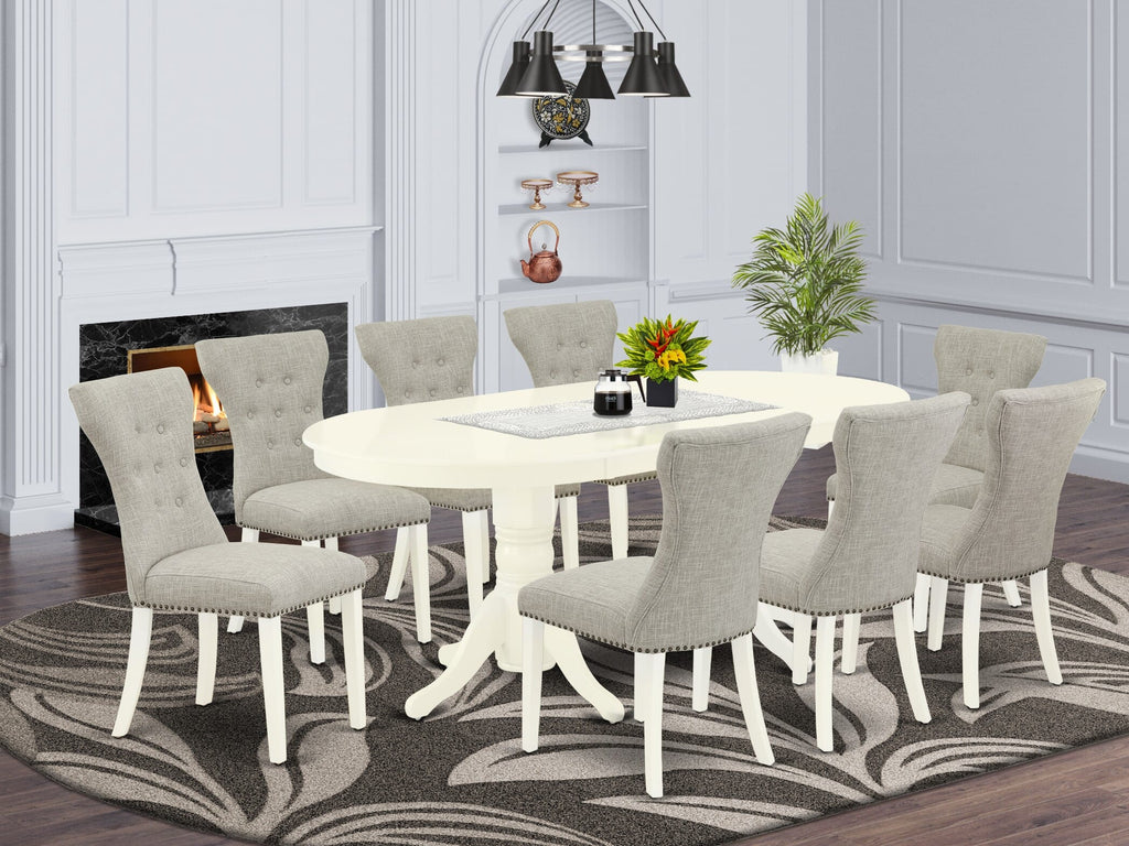 VAGA9-74G-X0 9-Piece Oval Dining Ensemble with Butterfly Leaf and Doeskin Linen Parsons Chairs for Elegant Dining