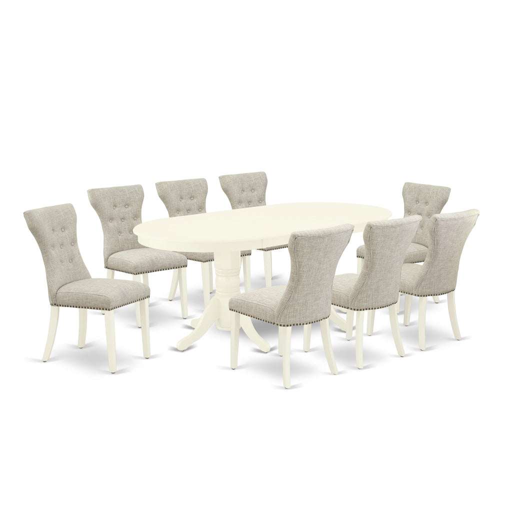 VAGA9-74G-X0 9-Piece Oval Dining Ensemble with Butterfly Leaf and Doeskin Linen Parsons Chairs for Elegant Dining