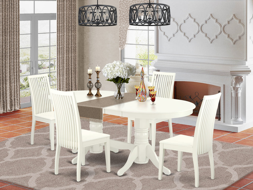 VAIP5-U0J-M - Elegant 5-Piece Dining Set with Convertible Oval Table and 4 Chairs, 40x76, Linen White Finish