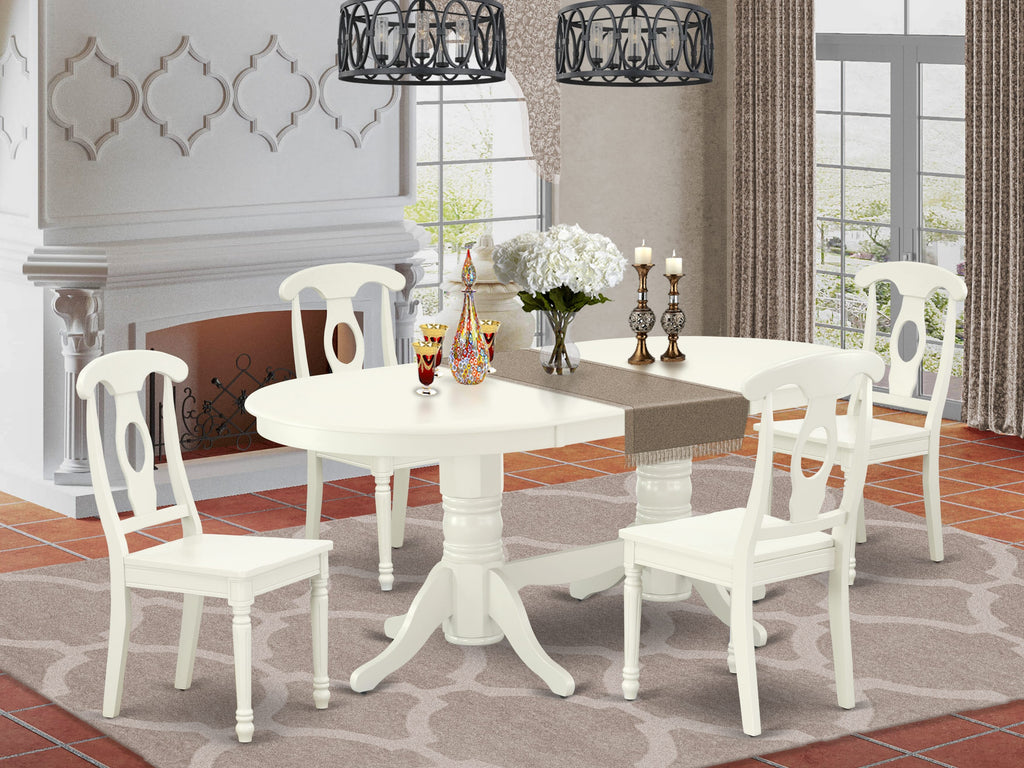 VAKE5-6EO-Y Elegant 5 Piece Oval Dining Set with Butterfly Leaf and 4 Solid Wood Chairs, 40x76 Linen White