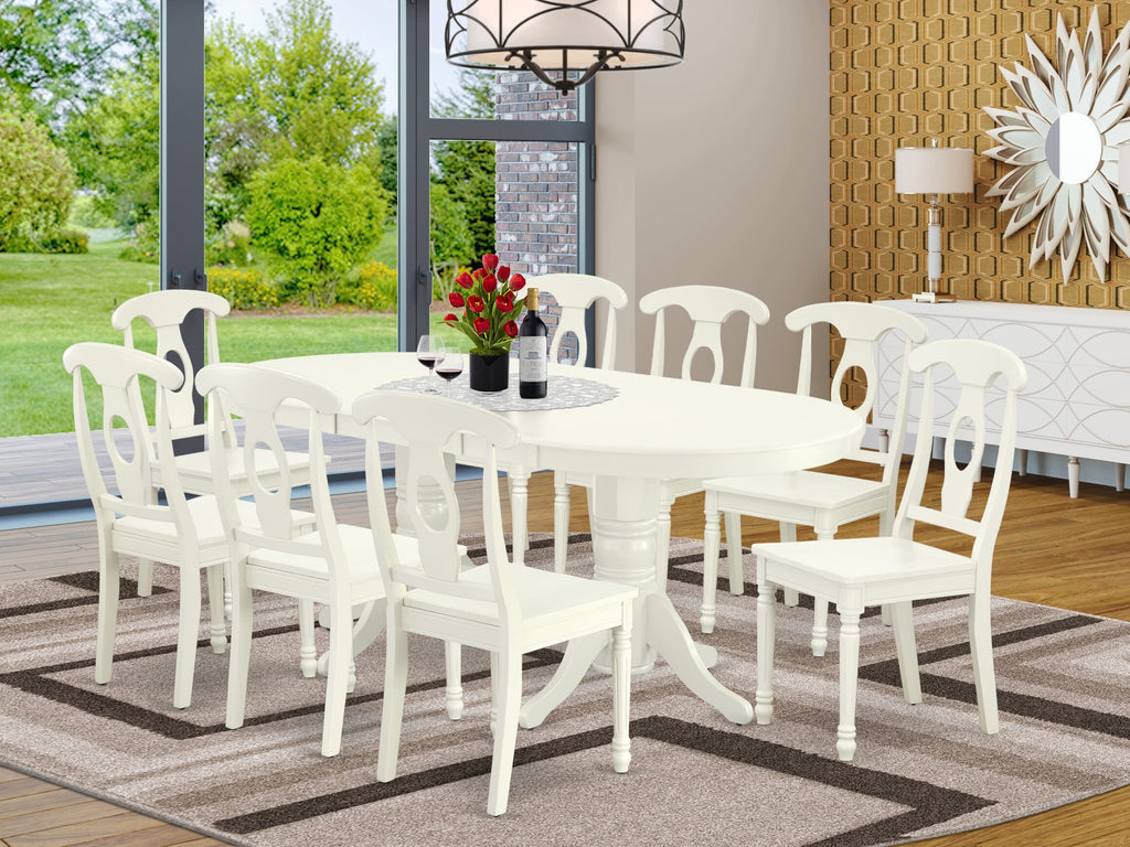 VAKE9-40W-7 Elegant Oval Dining Set with Butterfly Leaf & 8 White Chairs, 9-Pc, 40x76 in Perfect Dining Experience