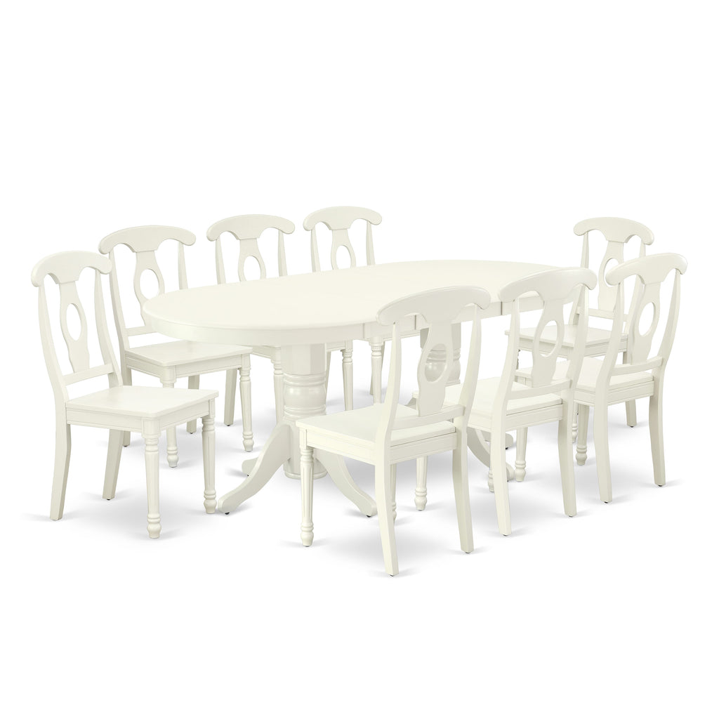 VAKE9-40W-7 Elegant Oval Dining Set with Butterfly Leaf & 8 White Chairs, 9-Pc, 40x76 in Perfect Dining Experience