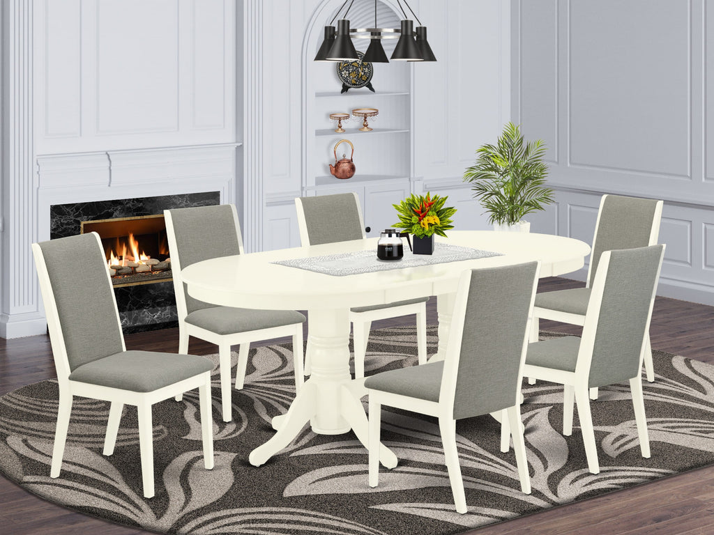 VALA7-G4P-8J Elegant 7-Piece Dining Ensemble Featuring Oval Table with Butterfly Extension and 6 Taupe Fabric Chairs, 76 x 40, Soft White Finish