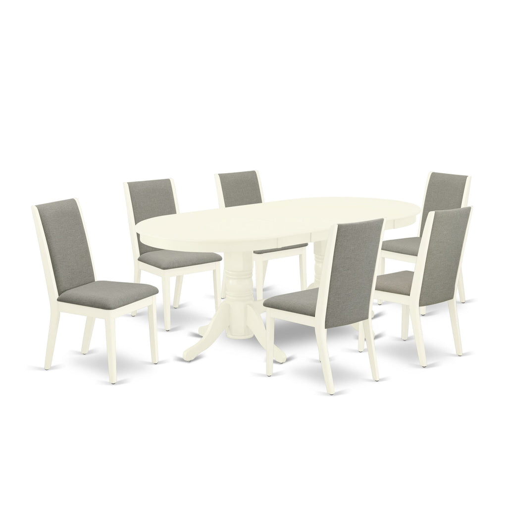 VALA7-G4P-8J Elegant 7-Piece Dining Ensemble Featuring Oval Table with Butterfly Extension and 6 Taupe Fabric Chairs, 76 x 40, Soft White Finish