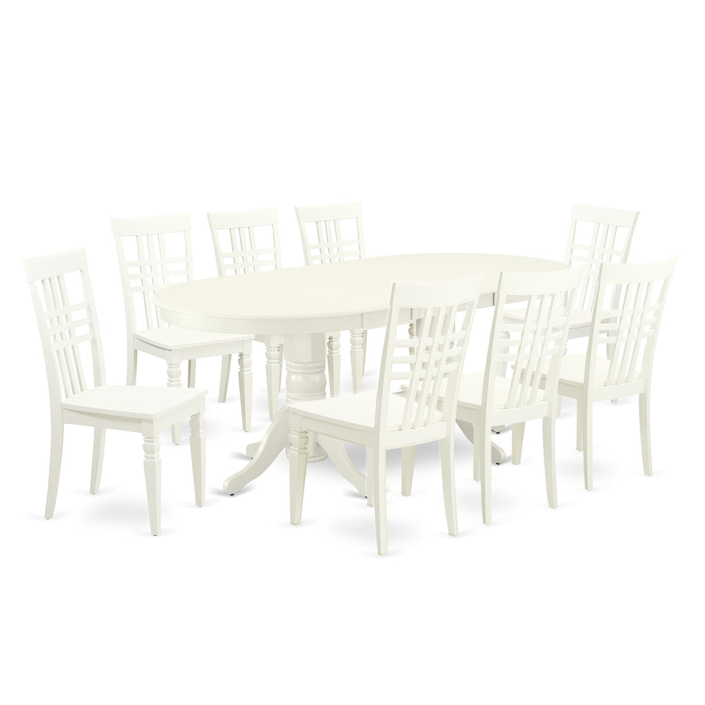 VALG9-XA1-E 9-Piece Dining Ensemble with Oval Expandable Table & 8 Dining Chairs in Linen White Finish