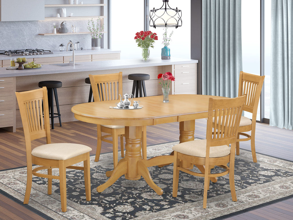 VANC5-M9Y-W 5-Piece Dining Ensemble with Expanding Oval Table and 4 Linen Chairs, 40x76, Oak