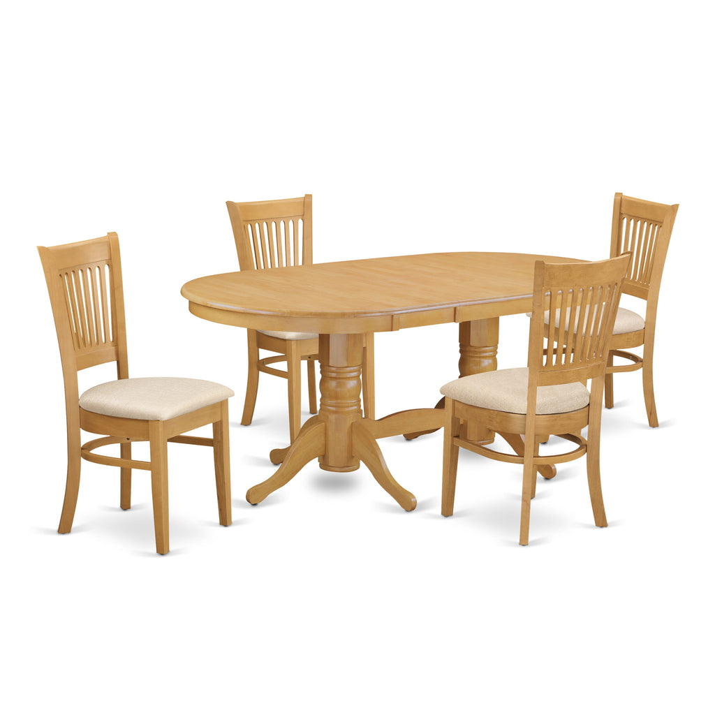 VANC5-M9Y-W 5-Piece Dining Ensemble with Expanding Oval Table and 4 Linen Chairs, 40x76, Oak