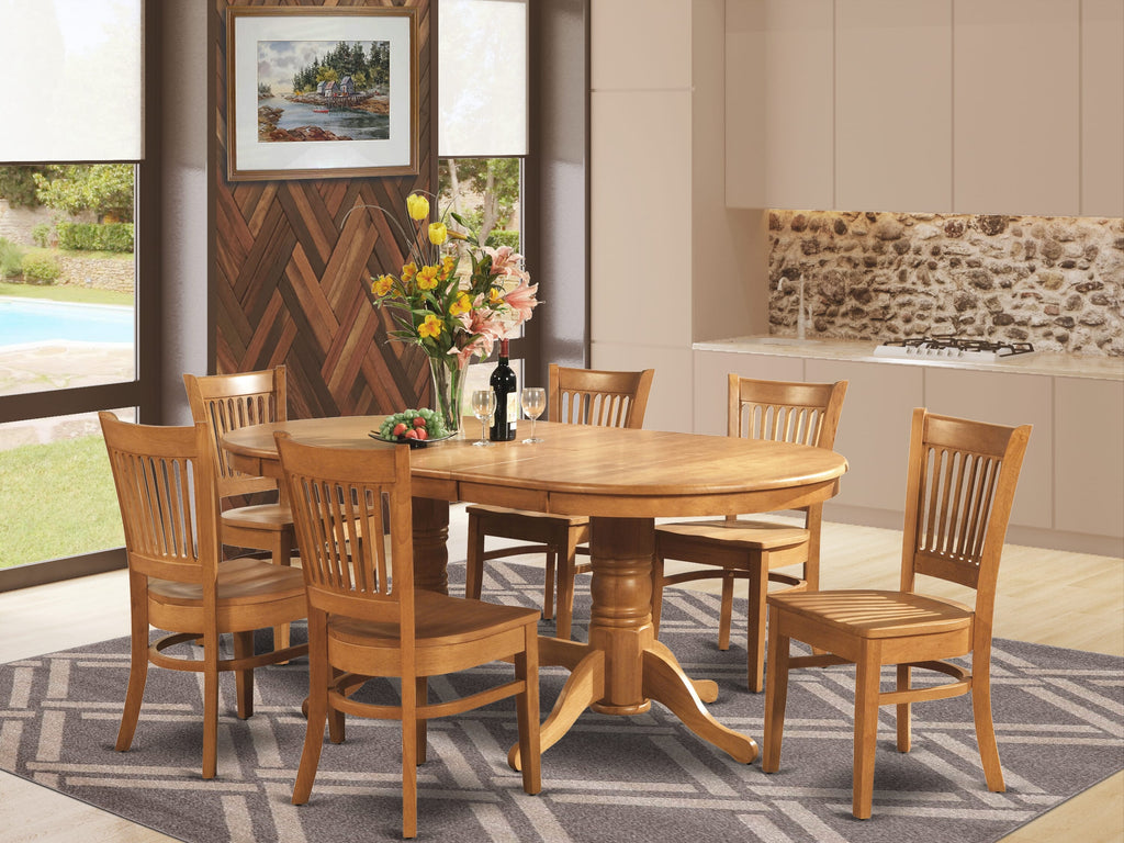 VANC7-DMH-Y 7-Piece Oval Dining Table Set with Butterfly Leaf & 6 Sturdy Wood Chairs, Oak Finish