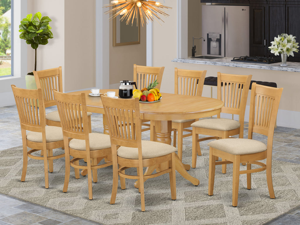 VANC9-JHI-3 9-Piece Dining Ensemble Oval Table with Extension and 8 Upholstered Chairs, Oak 40x76